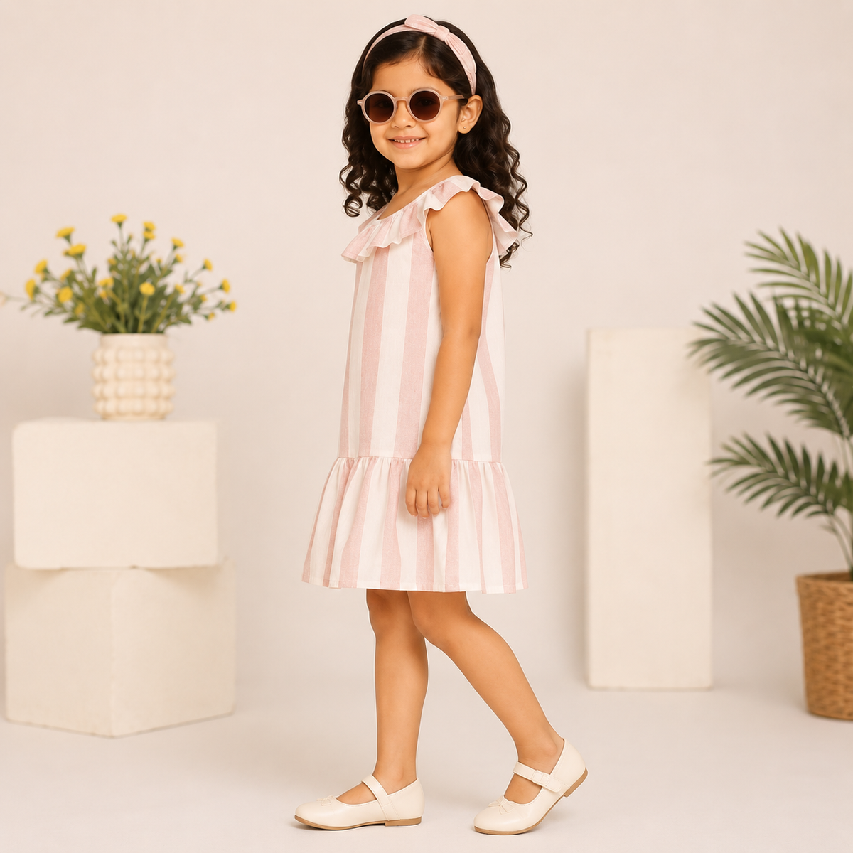 Peach floral printed girls sleeveless dress with gathered waist and flared hem