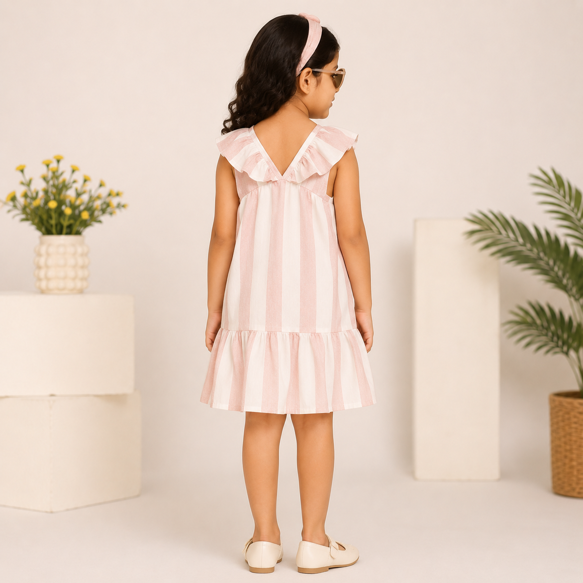 Peach floral printed girls sleeveless dress with gathered waist and flared hem