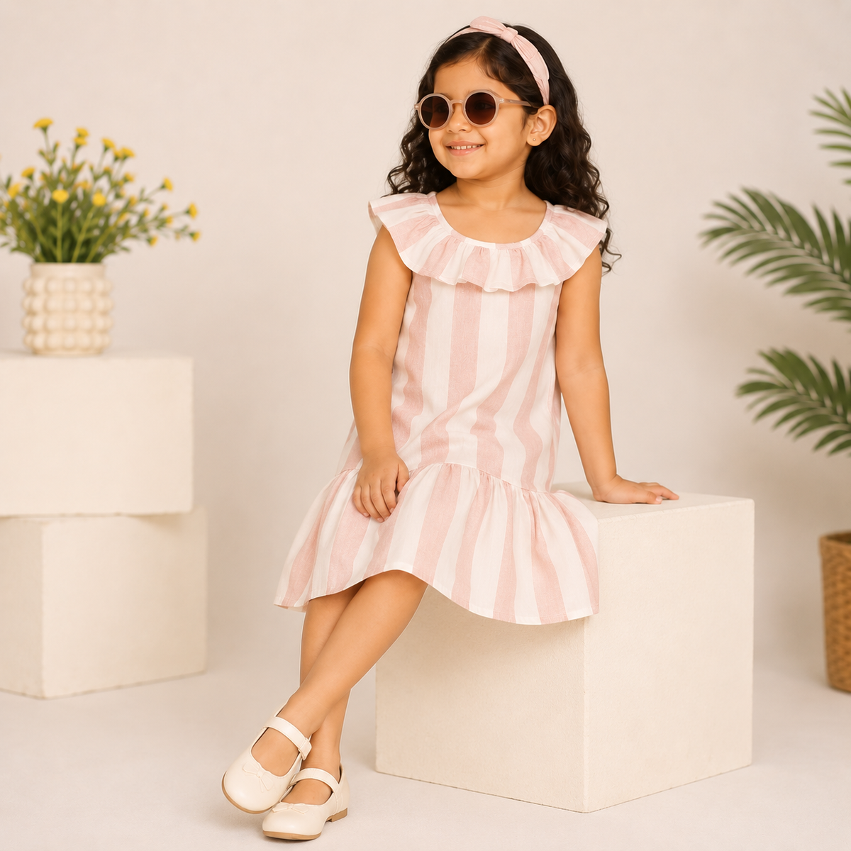 Peach floral printed girls sleeveless dress with gathered waist and flared hem