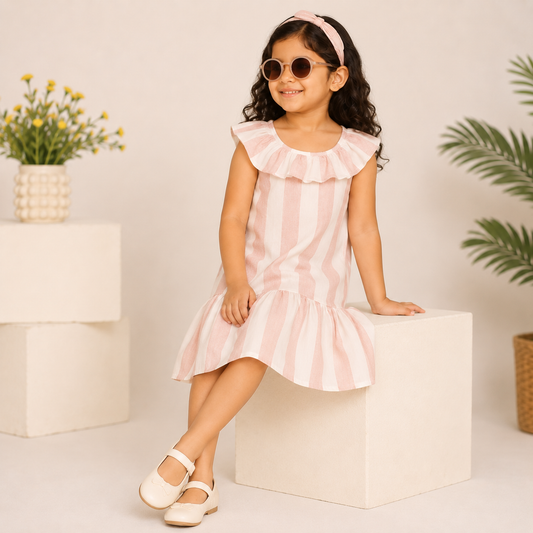 Peach floral printed girls sleeveless dress with gathered waist and flared hem