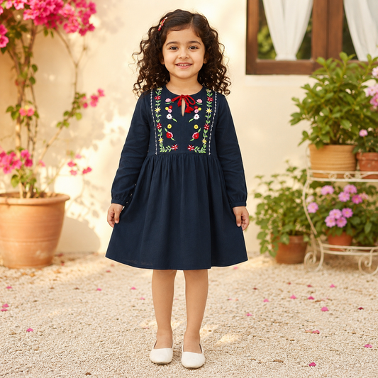 Navy blue girls long sleeve fit and flare dress with embroidered bodice and flared skirt