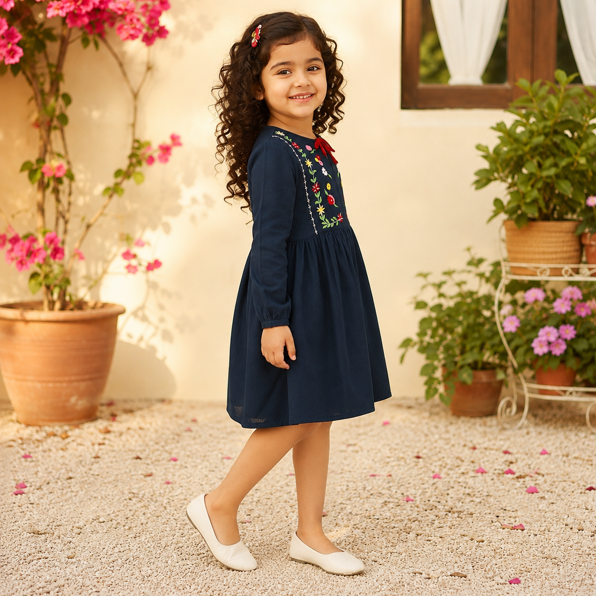 Navy blue girls long sleeve fit and flare dress with embroidered bodice and flared skirt