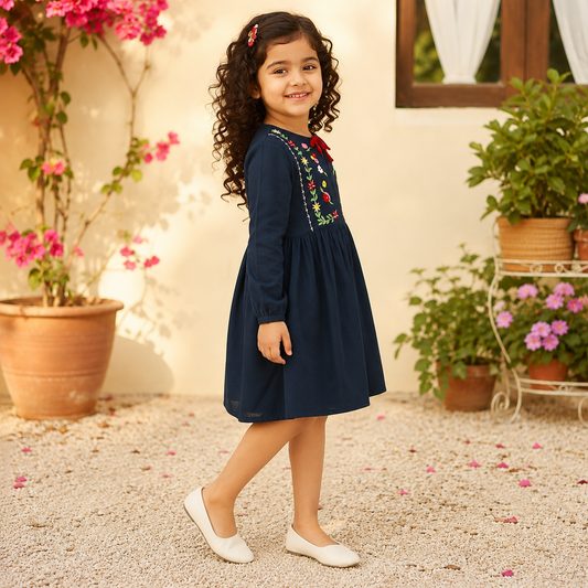 Navy blue girls long sleeve fit and flare dress with embroidered bodice and flared skirt
