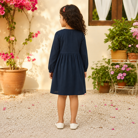 Navy blue girls long sleeve fit and flare dress with embroidered bodice and flared skirt