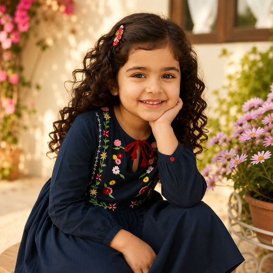 Navy blue girls long sleeve fit and flare dress with embroidered bodice and flared skirt
