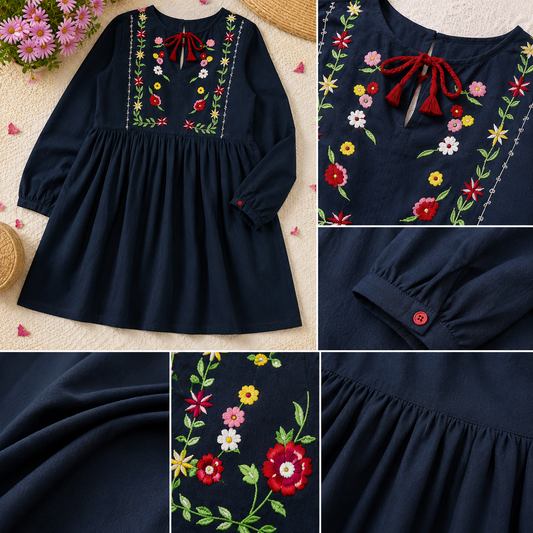 Navy blue girls long sleeve fit and flare dress with embroidered bodice and flared skirt