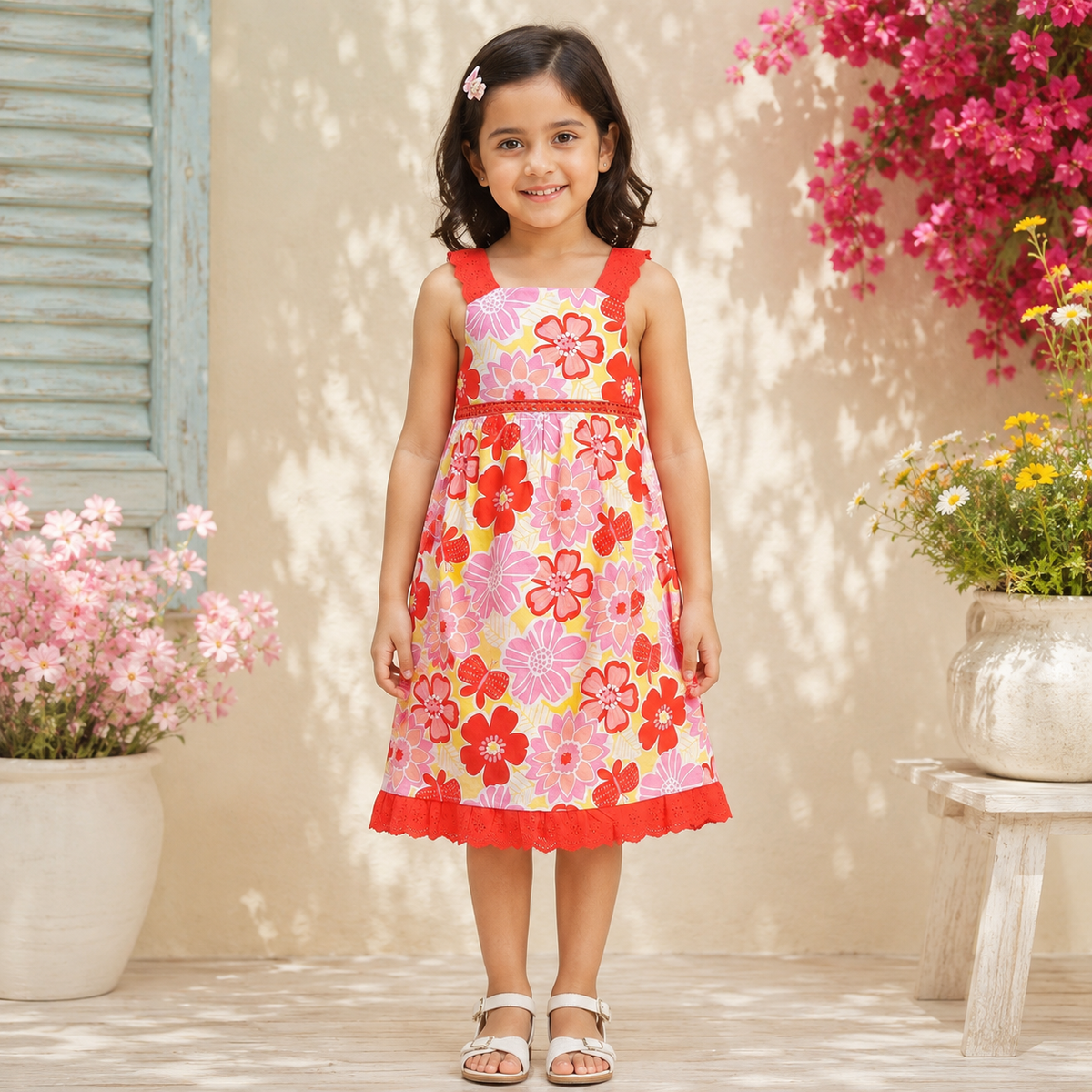 Red floral printed girls sleeveless A-line dress with contrast straps and flared hem