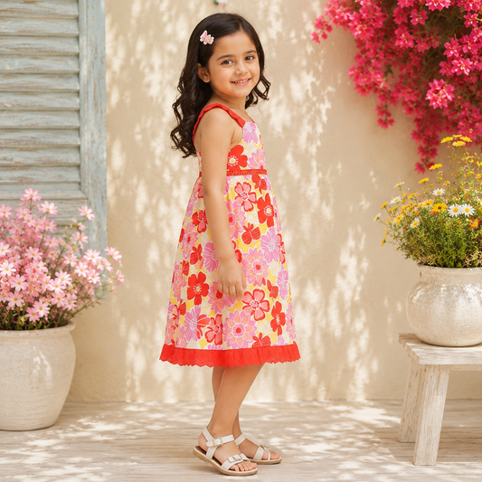 Red floral printed girls sleeveless A-line dress with contrast straps and flared hem