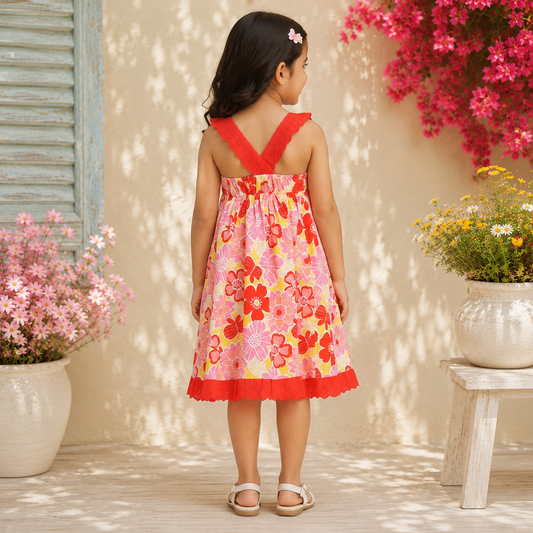 Red floral printed girls sleeveless A-line dress with contrast straps and flared hem