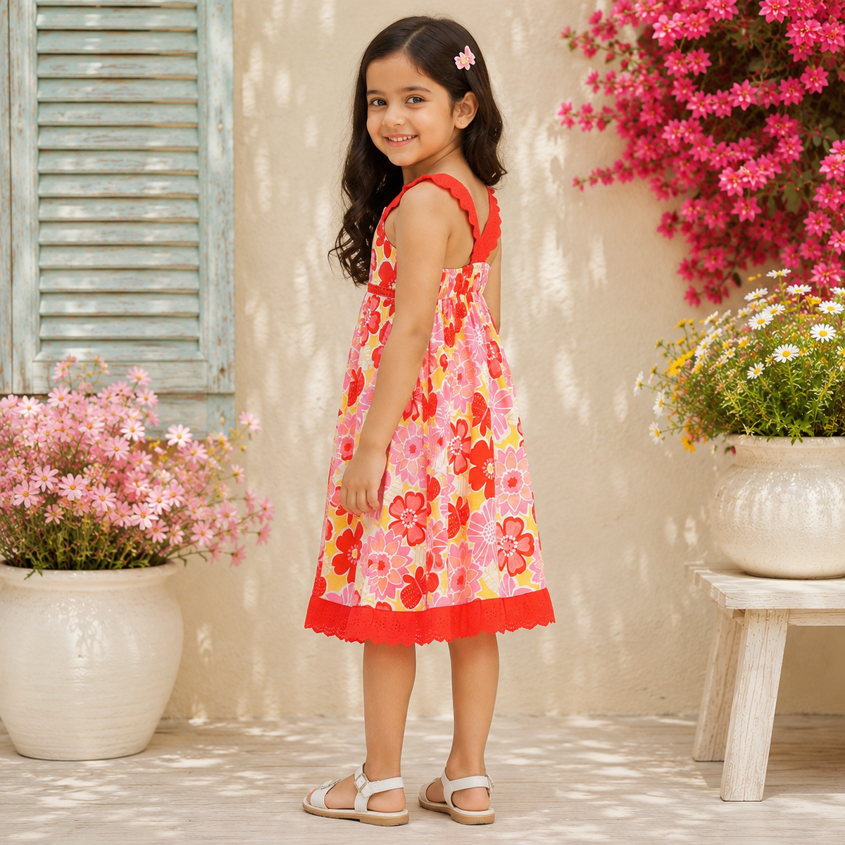 Red floral printed girls sleeveless A-line dress with contrast straps and flared hem