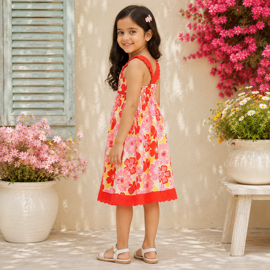 Red floral printed girls sleeveless A-line dress with contrast straps and flared hem