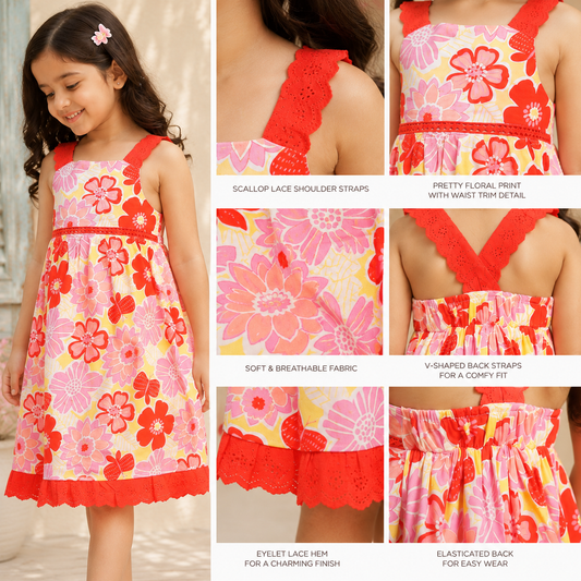 Red floral printed girls sleeveless A-line dress with contrast straps and flared hem