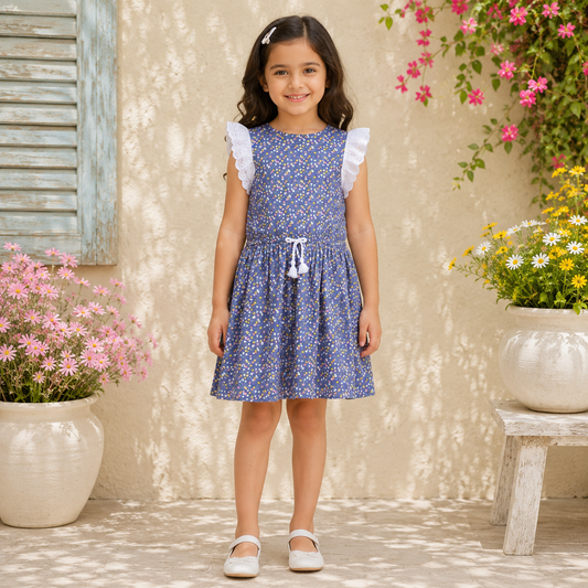 Blue checked girls sleeveless fit and flare dress with ruffle detailing and pleated skirt