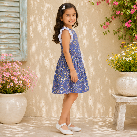 Blue checked girls sleeveless fit and flare dress with ruffle detailing and pleated skirt