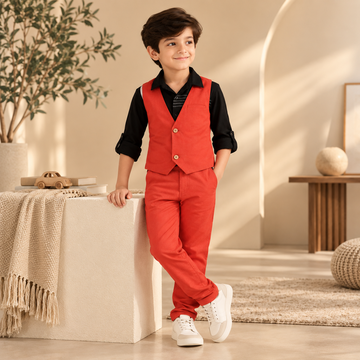 Red boys casual trousers with straight-leg fit and clean finish
