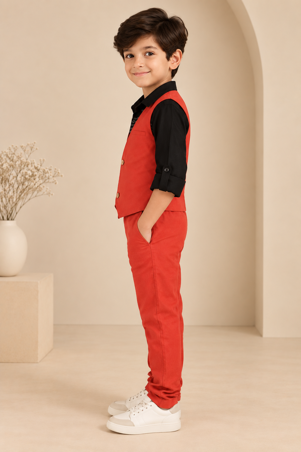 Red boys casual trousers with straight-leg fit and clean finish
