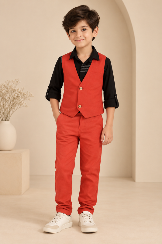 Red boys casual trousers with straight-leg fit and clean finish
