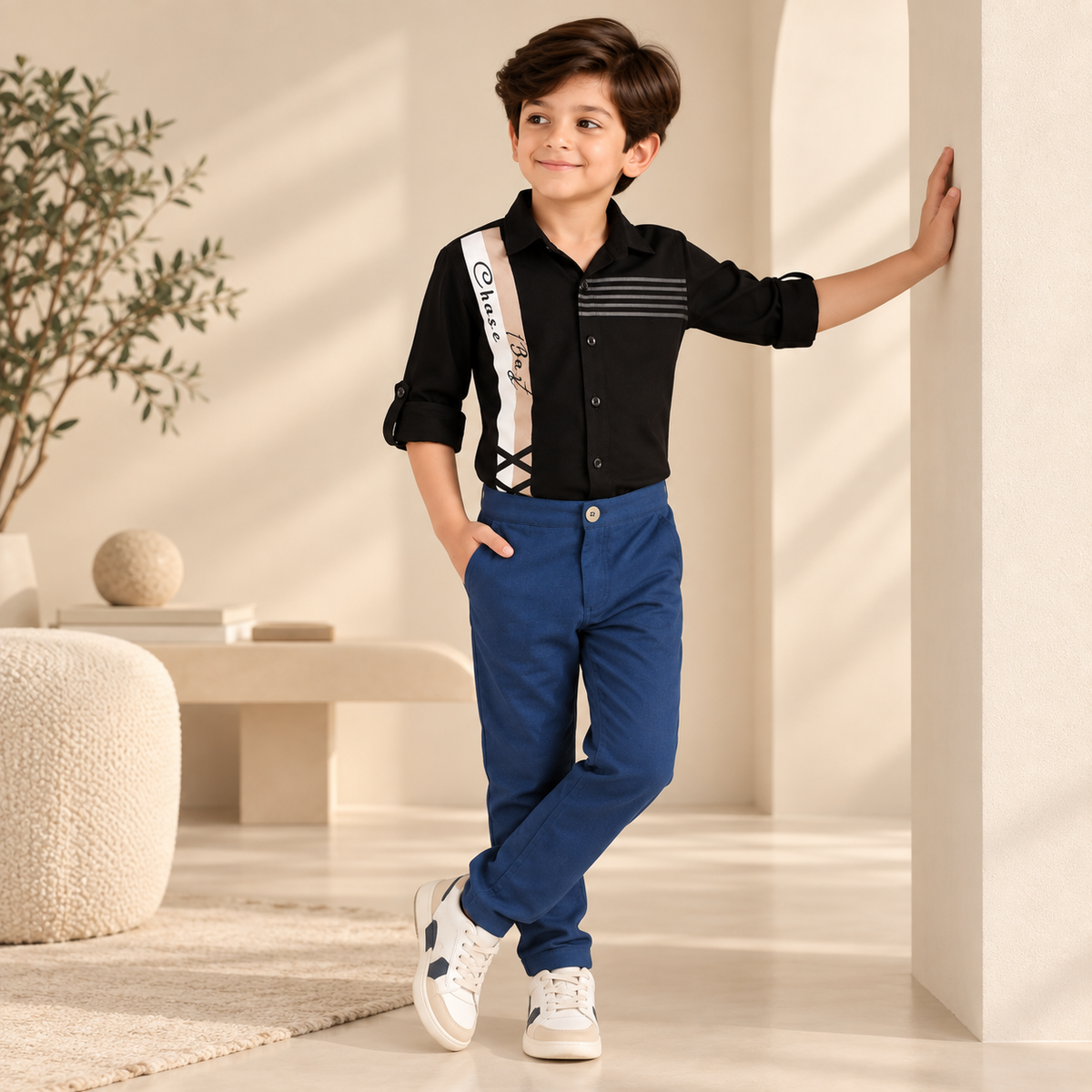 Blue boys casual trousers with straight-leg fit and clean finish
