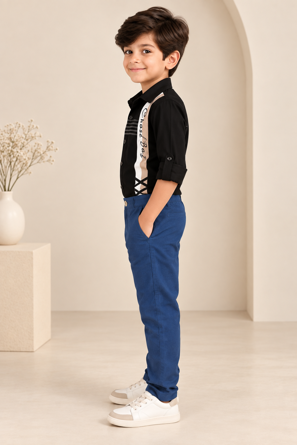 Blue boys casual trousers with straight-leg fit and clean finish
