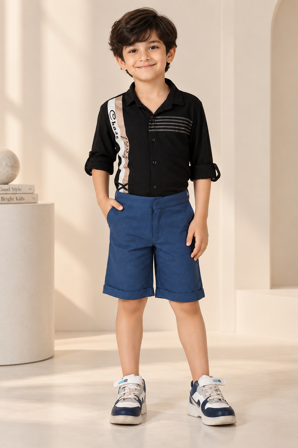 Navy blue boys casual shorts with elasticated waist and knee-length fit
