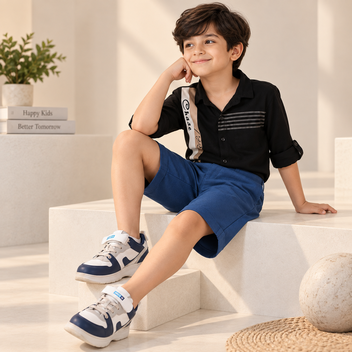 Navy blue boys casual shorts with elasticated waist and knee-length fit
