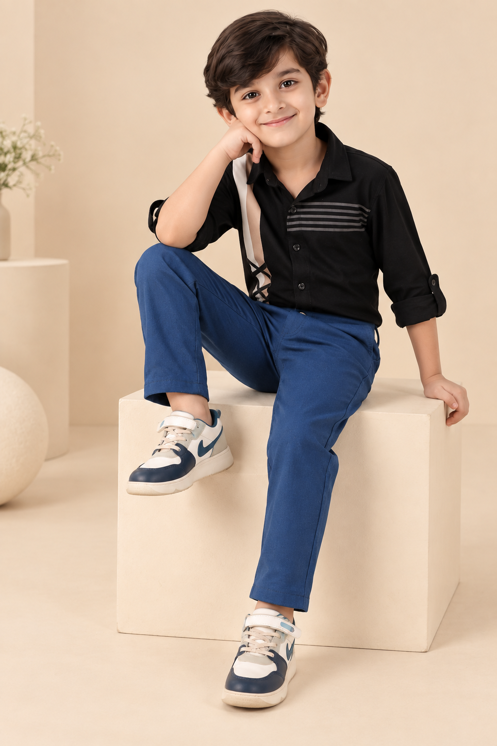 Blue boys casual trousers with straight-leg fit and clean finish

