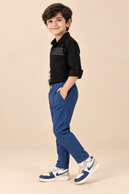 Blue boys casual trousers with straight-leg fit and clean finish
