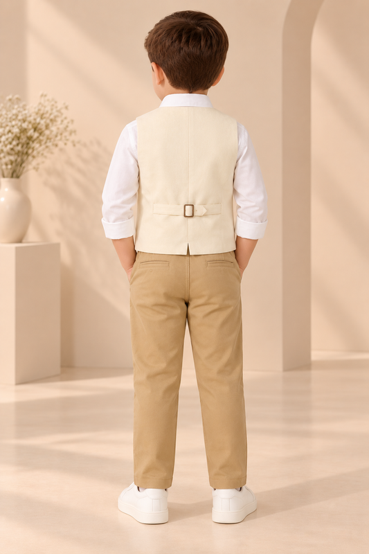 Beige boys sleeveless waistcoat with black contrast panels and button closure
