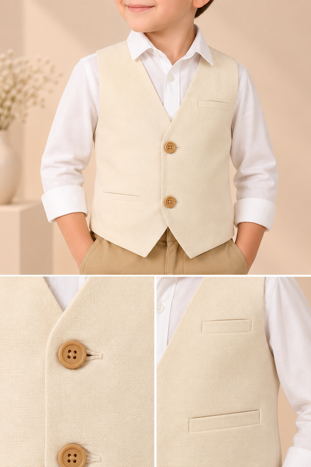 Beige boys sleeveless waistcoat with black contrast panels and button closure

