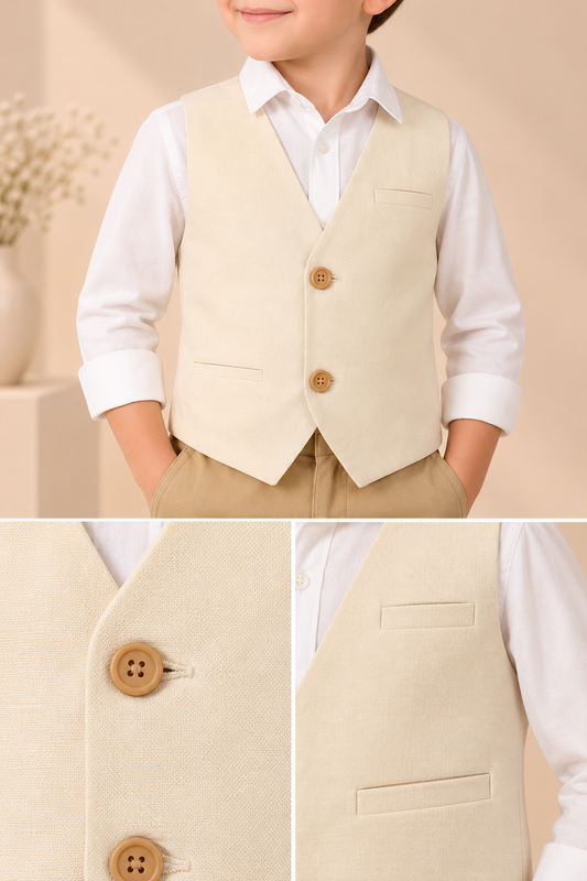 Beige boys sleeveless waistcoat with black contrast panels and button closure
