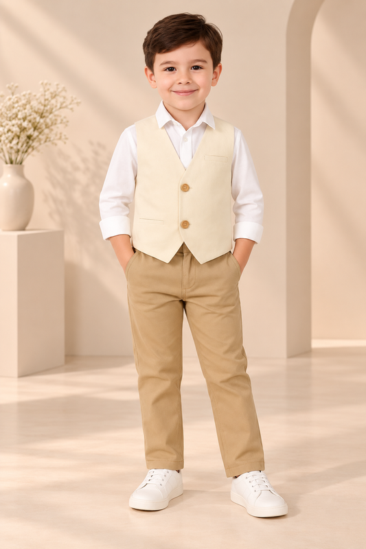 Beige boys sleeveless waistcoat with black contrast panels and button closure
