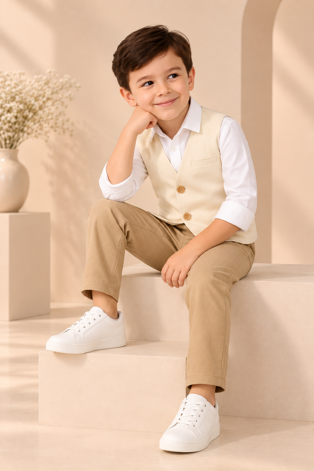 Beige boys sleeveless waistcoat with black contrast panels and button closure
