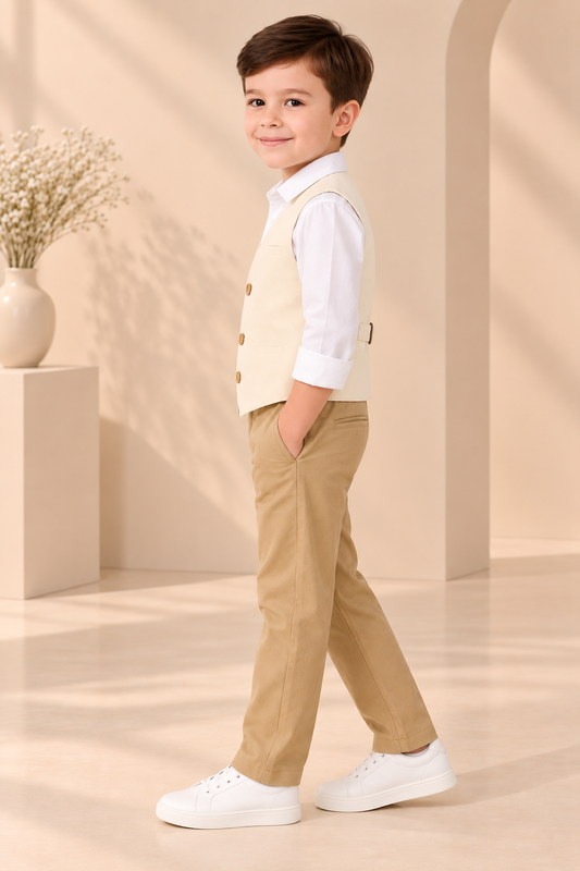 Beige boys sleeveless waistcoat with black contrast panels and button closure