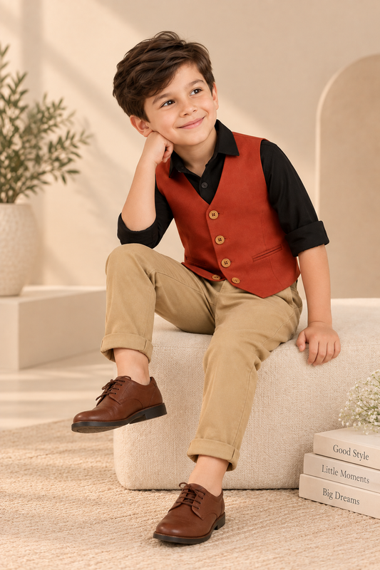 Red boys sleeveless jacket with V-neck, front button closure and contrast black detailing
