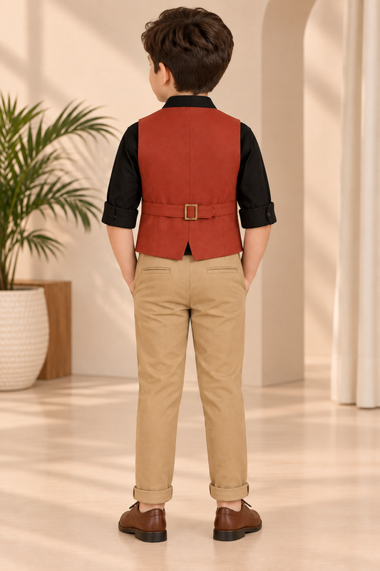 Red boys sleeveless jacket with V-neck, front button closure and contrast black detailing
