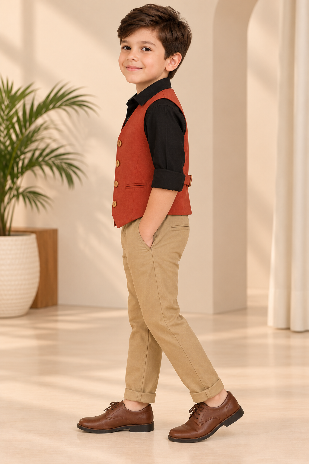 Red boys sleeveless jacket with V-neck, front button closure and contrast black detailing
