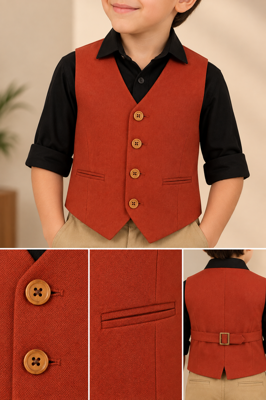 Red boys sleeveless jacket with V-neck, front button closure and contrast black detailing
