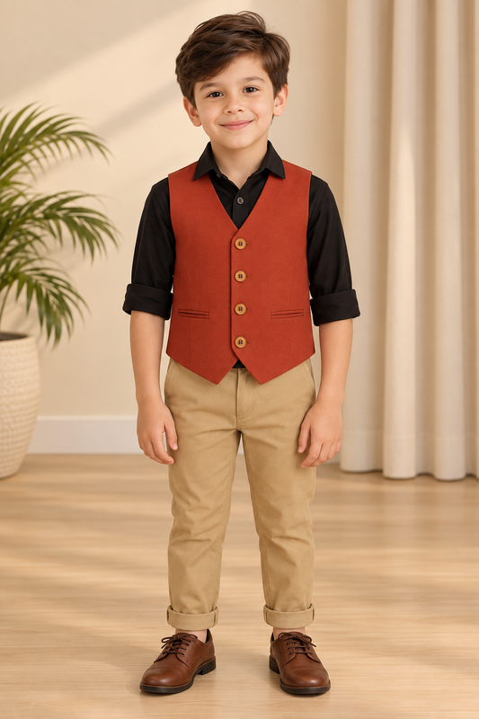 Red boys sleeveless jacket with V-neck, front button closure and contrast black detailing
