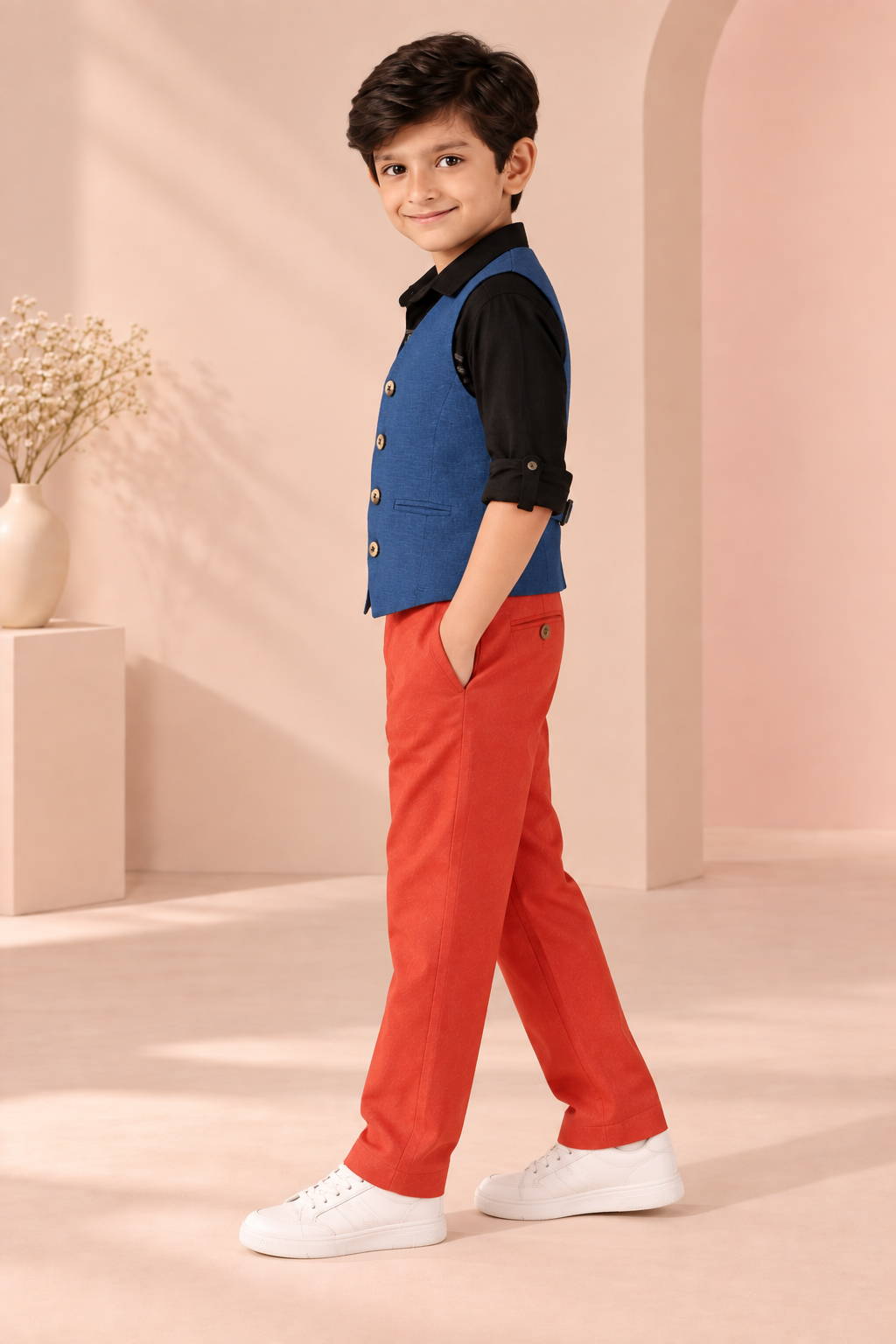 Navy blue boys sleeveless waistcoat with front button closure and contrast detailing

