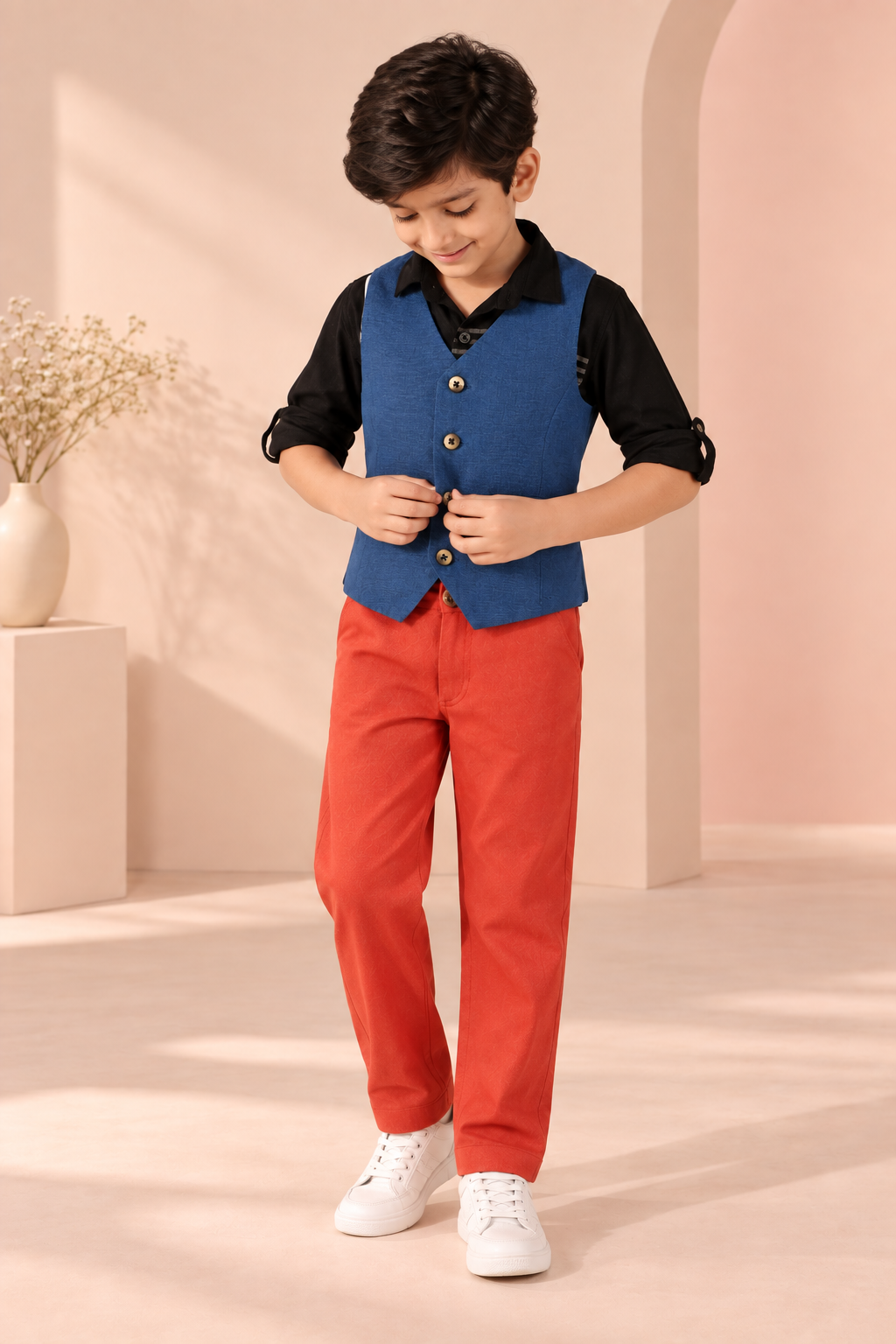 Navy blue boys sleeveless waistcoat with front button closure and contrast detailing
