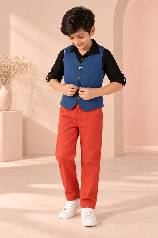 Navy blue boys sleeveless waistcoat with front button closure and contrast detailing

