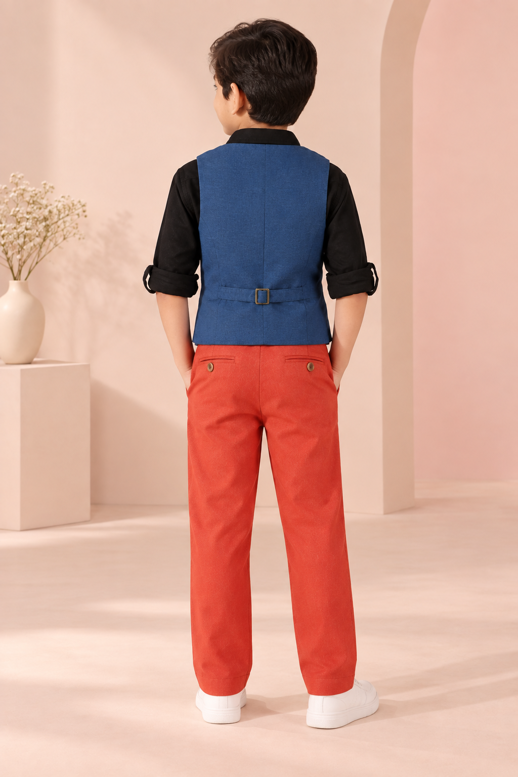 Navy blue boys sleeveless waistcoat with front button closure and contrast detailing
