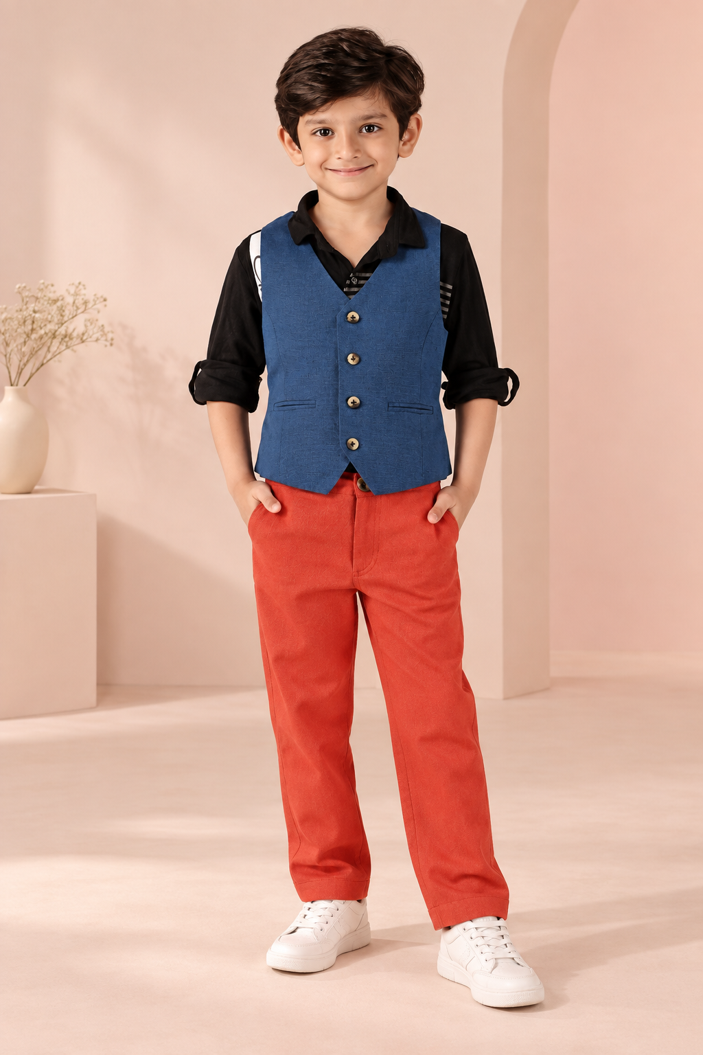 Navy blue boys sleeveless waistcoat with front button closure and contrast detailing
