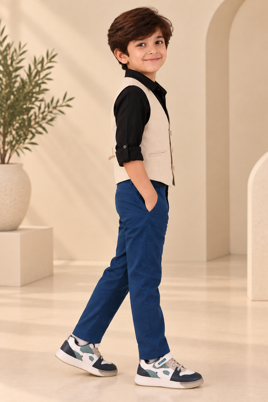 Beige boys sleeveless jacket with V-neck, front button closure and contrast black detailing
