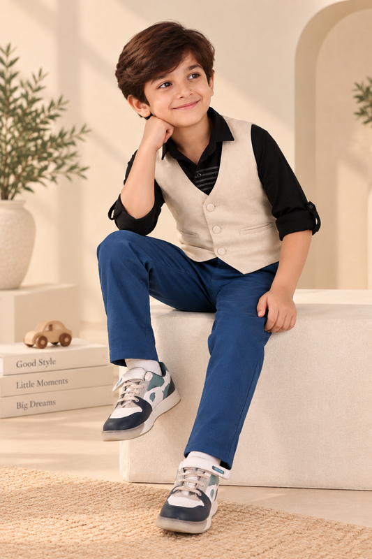 Beige boys sleeveless jacket with V-neck, front button closure and contrast black detailing
