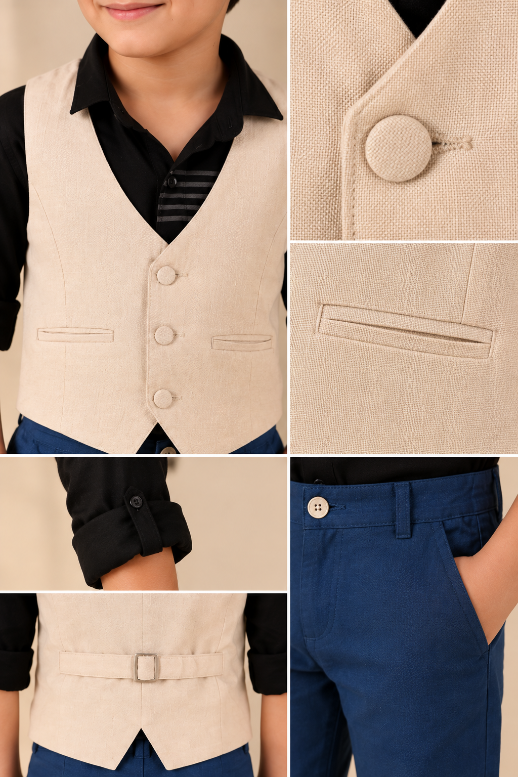Beige boys sleeveless jacket with V-neck, front button closure and contrast black detailing
