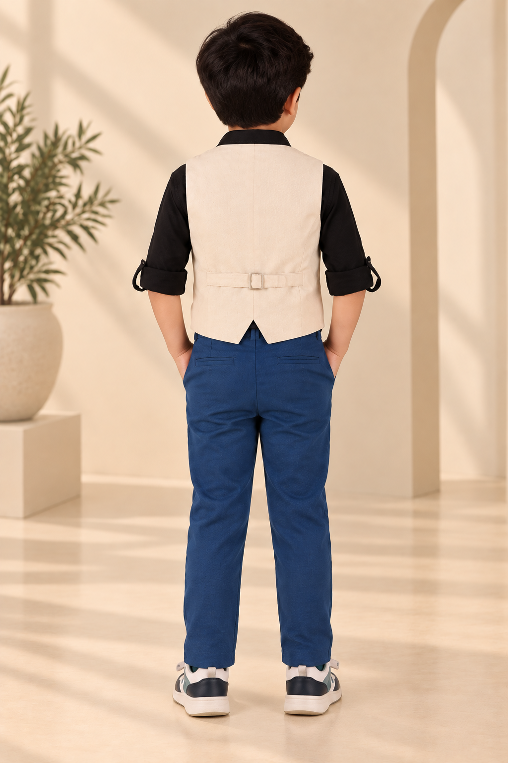 Beige boys sleeveless jacket with V-neck, front button closure and contrast black detailing
