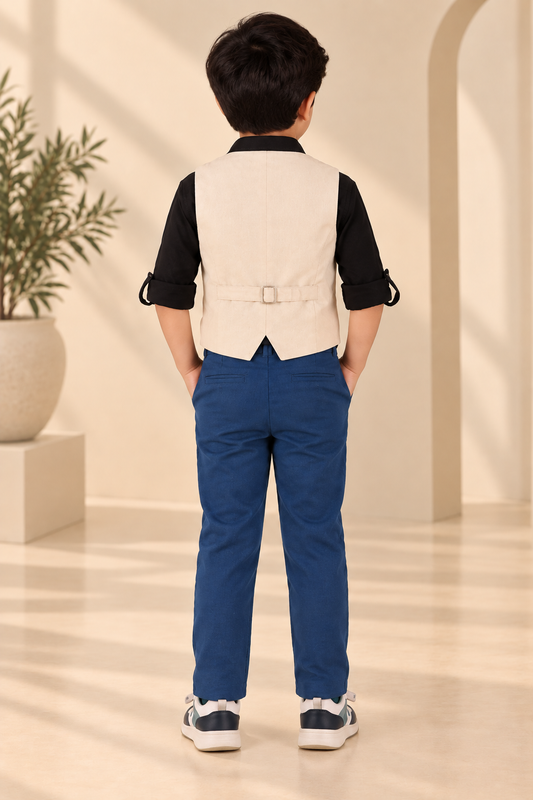 Beige boys sleeveless jacket with V-neck, front button closure and contrast black detailing
