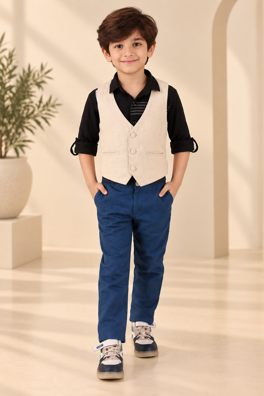 Beige boys sleeveless jacket with V-neck, front button closure and contrast black detailing
