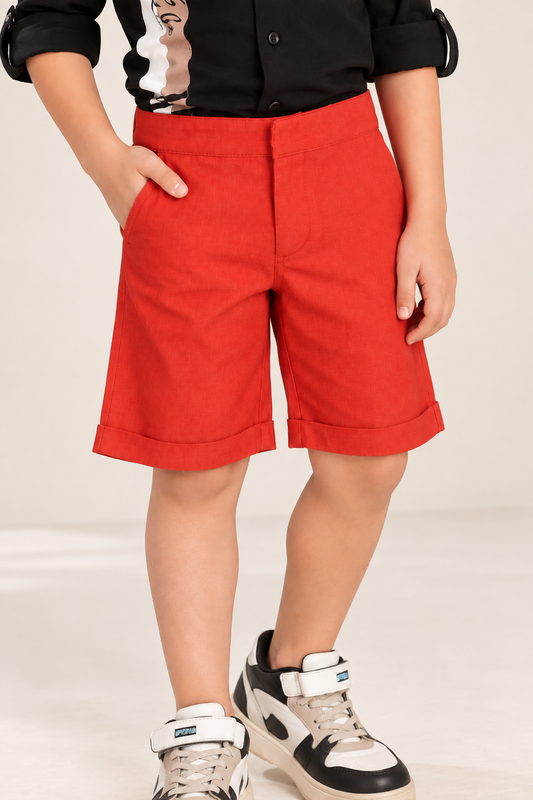 Red boys casual shorts with elasticated waist and knee-length fit

